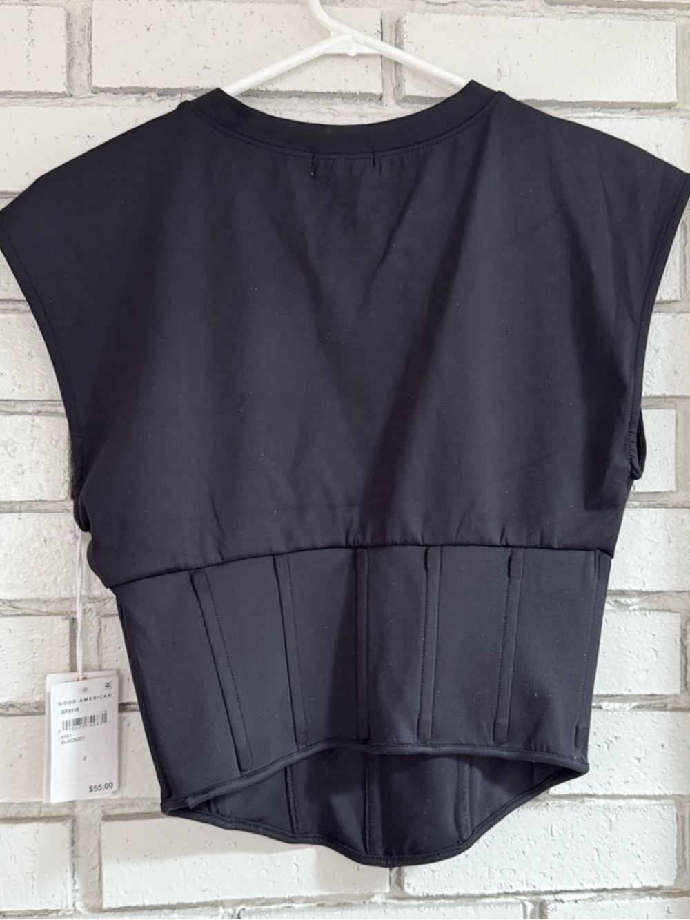 NWT Good American Black Structured Corset Top Cap Sleeve Sculpted Waist Chic - Picture 3 of 9